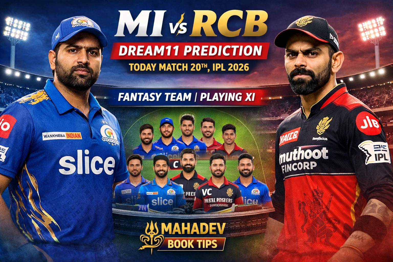You are currently viewing MI vs RCB Dream11 Prediction Today Match 20th, IPL 2026 – Fantasy Team, Playing XI, Pitch Report & Player Stats | Mahadev Book Tips